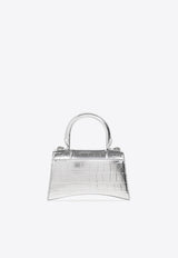 Balenciaga Hourglass XS Top Handle Bag in Croc Embossed Metallic Leather 592833 1S4CY-8110 Silver