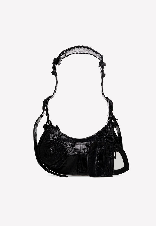 Balenciaga Le Cagole XS Shoulder Bag in Croc Embossed Leather 671309 23EB7-1000 Black