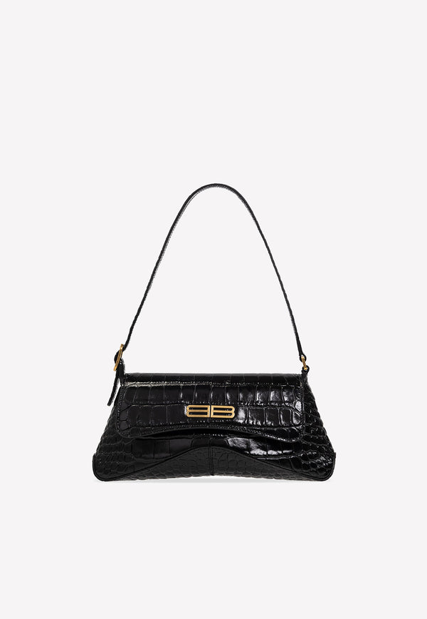 Balenciaga XX Small Shoulder Bag in Croc-Embossed Leather Black 695645 2108X-1000