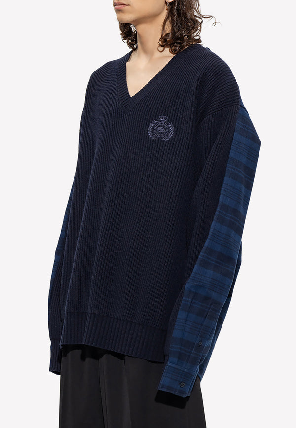 Balenciaga V-neck Paneled Sweater Navy 704271 T4130-8275