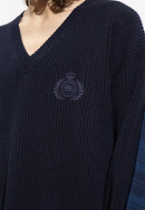 Balenciaga V-neck Paneled Sweater Navy 704271 T4130-8275
