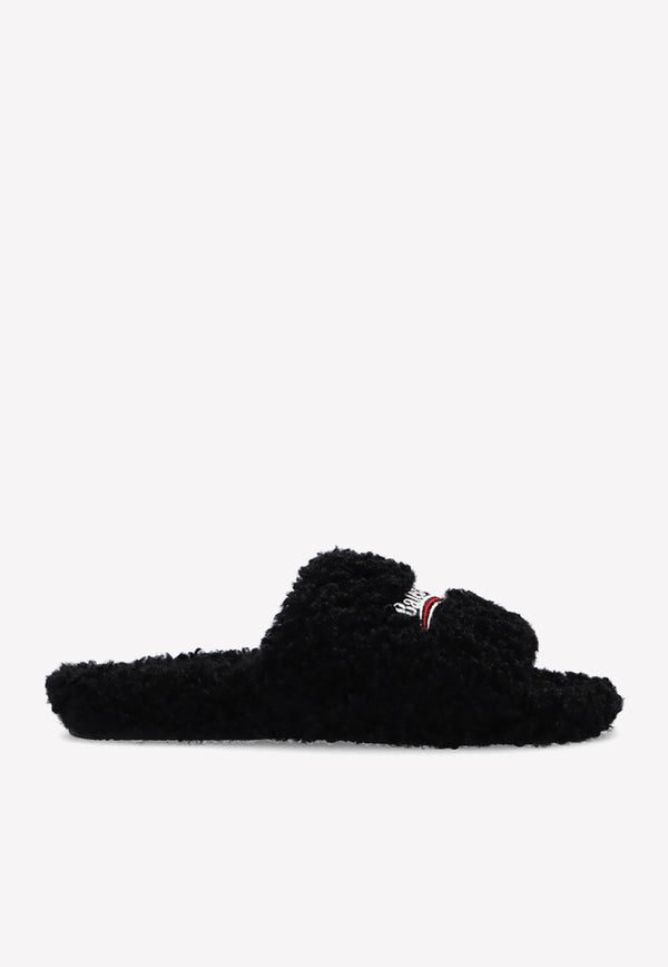 Balenciaga Faux-Fur Logo Slides Black 654747 W2DO1-1096
