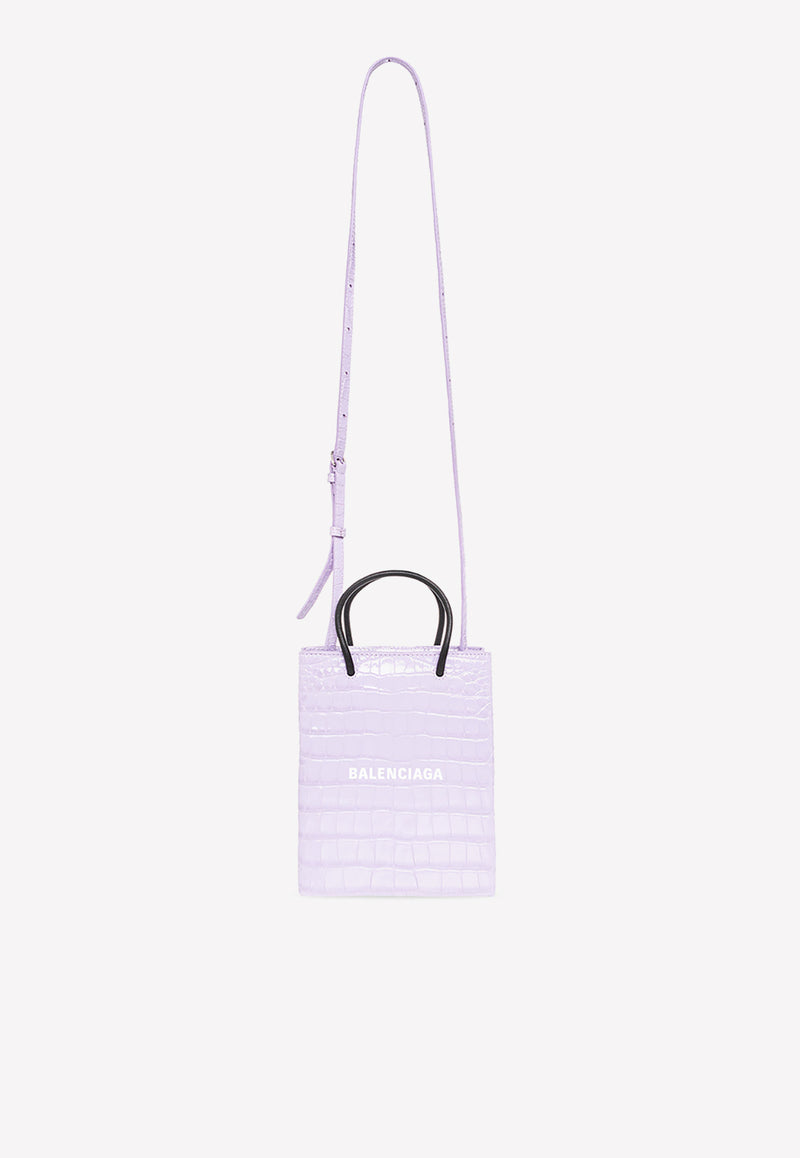 Balenciaga Logo Print Top Handle Bag in Croc-Embossed Leather Purple 693805 1U61N-5390