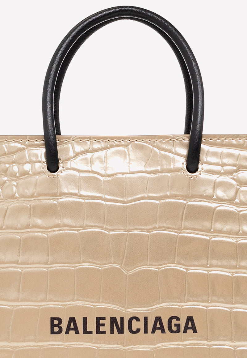 Balenciaga Logo Print Top Handle Bag in Croc-Embossed Leather Gold 693805 210EW-8060