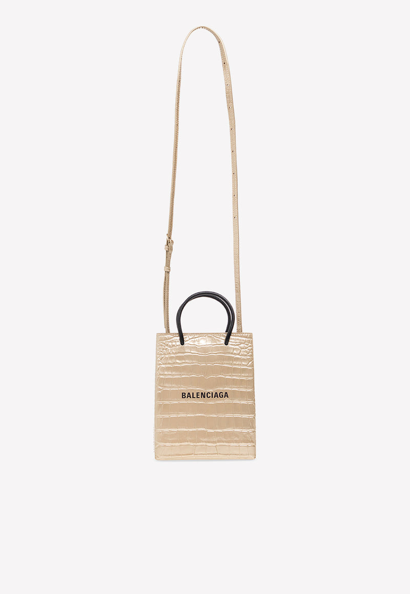 Balenciaga Logo Print Top Handle Bag in Croc-Embossed Leather Gold 693805 210EW-8060