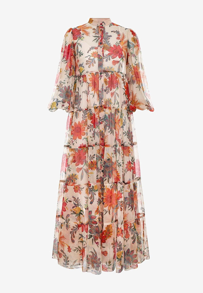 Zimmermann Ginger Tiered Floral Midi Dress in Silk Multicolor 7471DSS233FLORAL