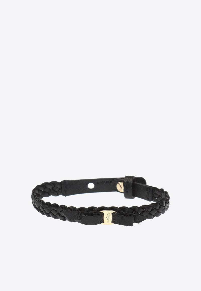 Salvatore Ferragamo Vara Bow Braided Leather Bracelet Black 762501 BR MINIVA 1G 707377 NERO/ORO