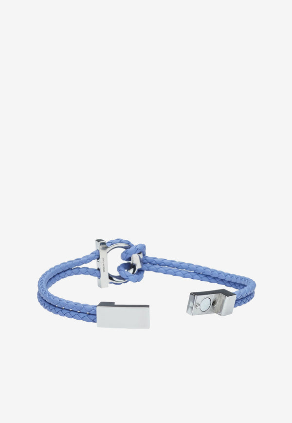 Salvatore Ferragamo Small Gancini Braided Bracelet in Calf Leather Blue 770141 BR G FRAME 755492 BLEACHED DENIM