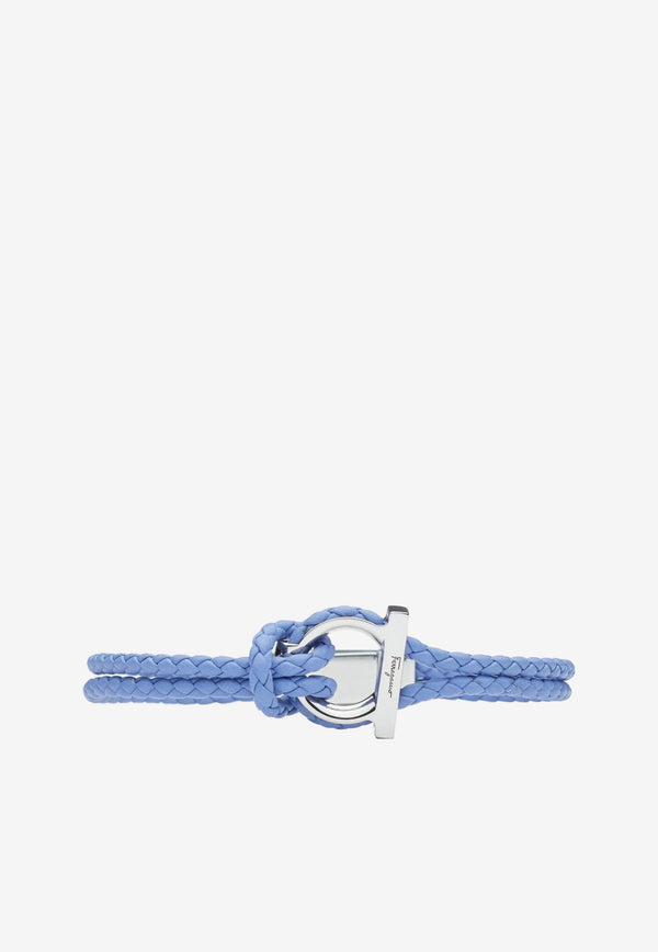 Salvatore Ferragamo Small Gancini Braided Bracelet in Calf Leather Blue 770141 BR G FRAME 755492 BLEACHED DENIM