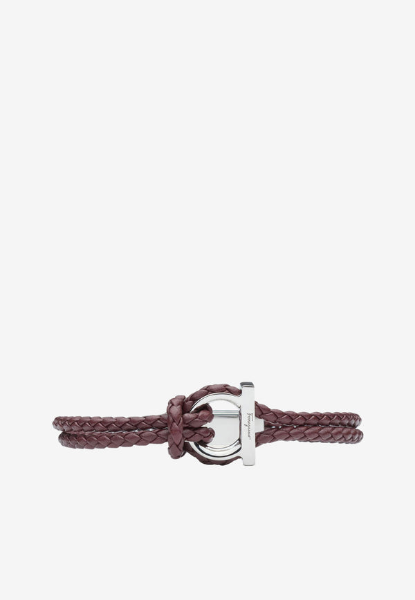 Salvatore Ferragamo Large Gancini Braided Bracelet in Calf Leather Bordeaux 770141 BR G FRAME 755495 MELAGRANA