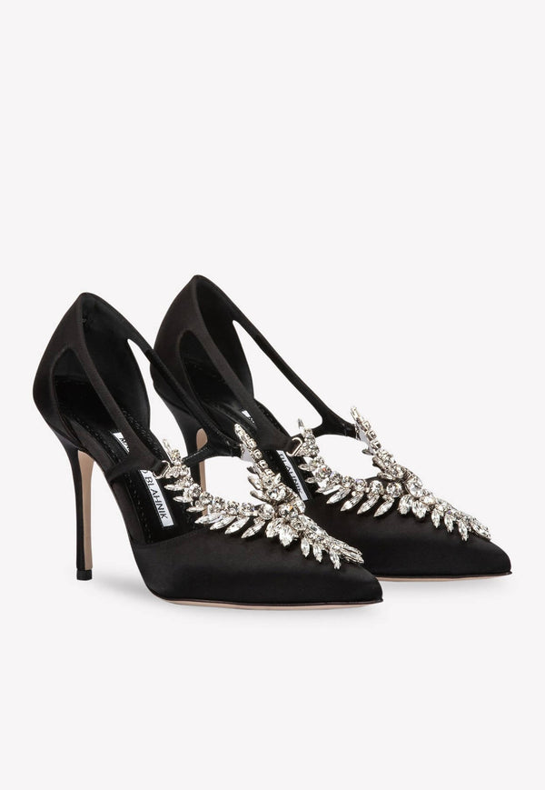 Manolo Blahnik Lala 105 Crystal-Embellished Satin Pumps with Cut-Outs Black 9XX-0624BLACK