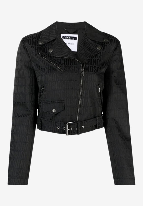 Moschino Jacquard Logo Cropped Biker Jacket Black A0503 2715 0555