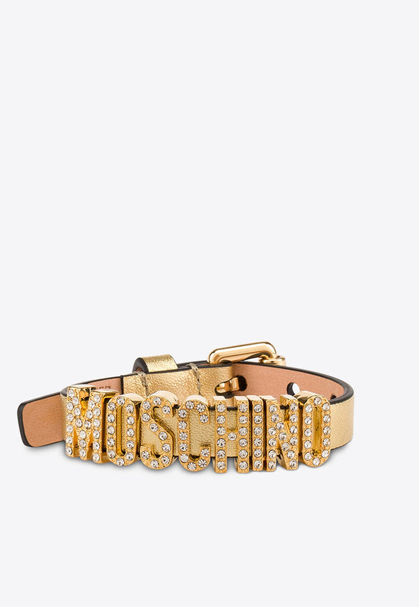 Moschino Crystal Embellished Logo Metallic Leather Bracelet A7756 8011 1615 Gold