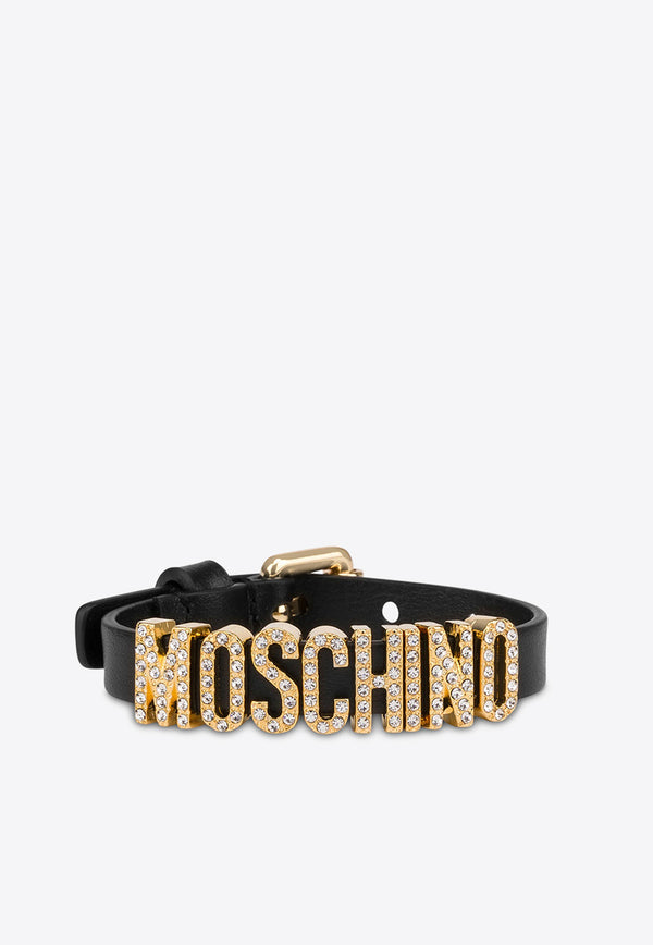Moschino Crystal Embellished Logo Leather Bracelet A7762 8024 3555 Black