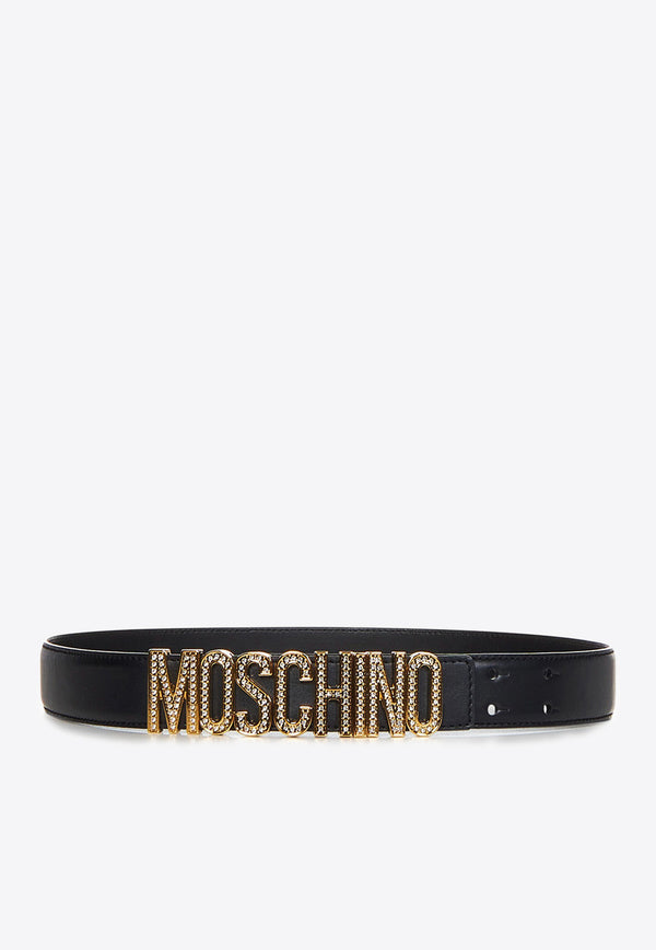 Moschino Crystal Embellished Logo Leather Belt A8023 8024 3555 Black
