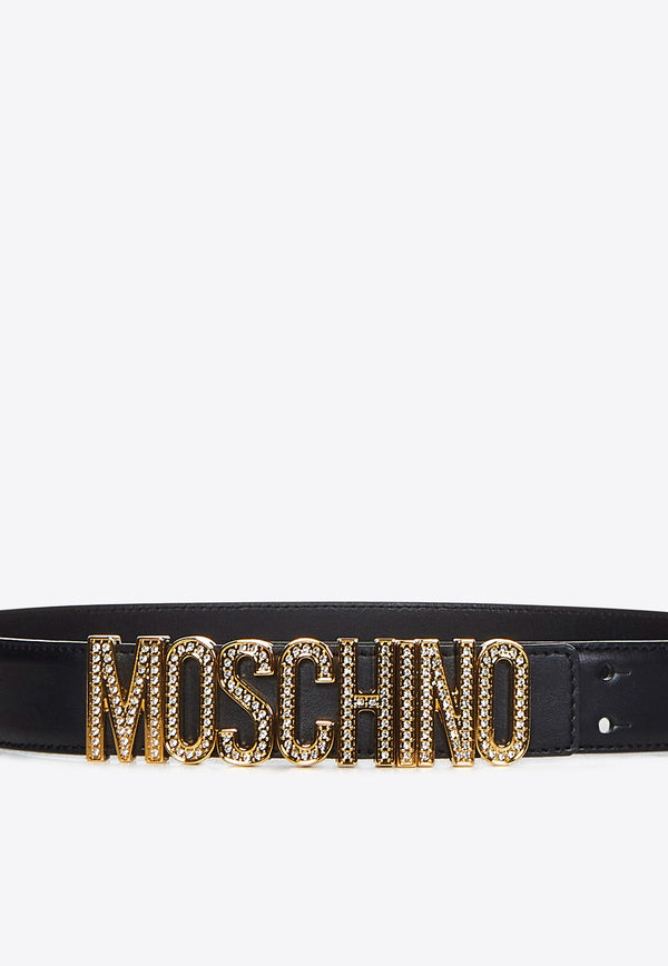 Moschino Crystal Embellished Logo Leather Belt A8023 8024 3555 Black