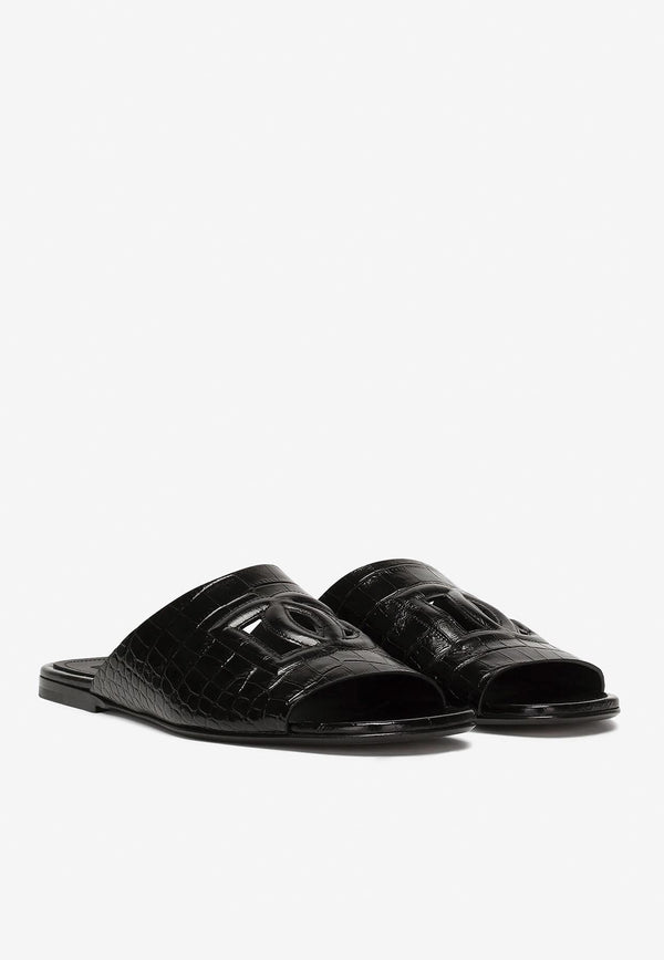 Dolce & Gabbana Pantheon Slides in Croc-Embossed Leather Black A80272 AC606 80999