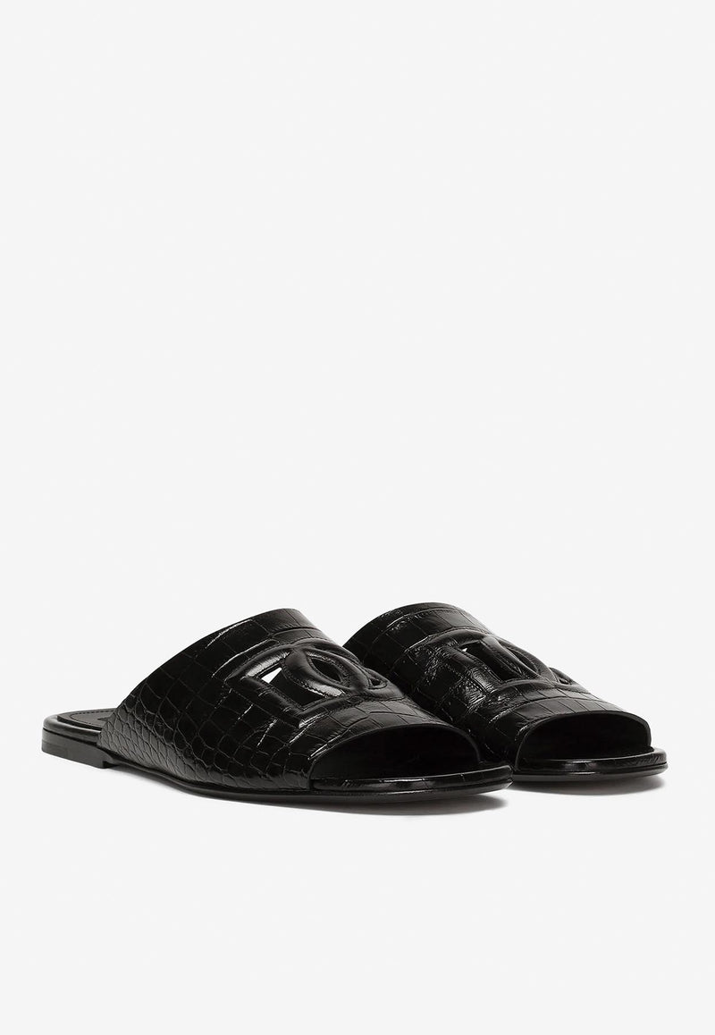 Dolce & Gabbana Pantheon Slides in Croc-Embossed Leather Black A80272 AC606 80999