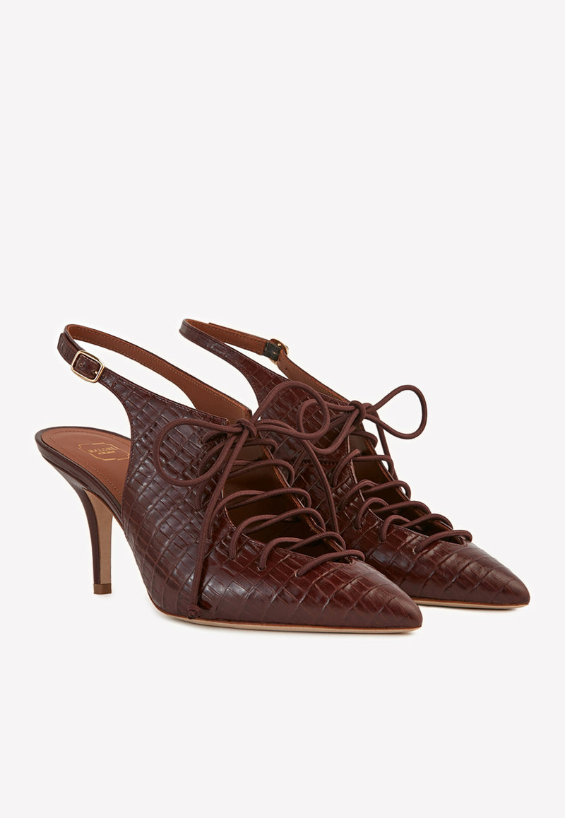 Alessandra 70 Croc-Embossed Slingback Pumps in Nappa Leather Malone Souliers Brown ALESSANDRA 70-10 MAHOGANY/MAHOGANY