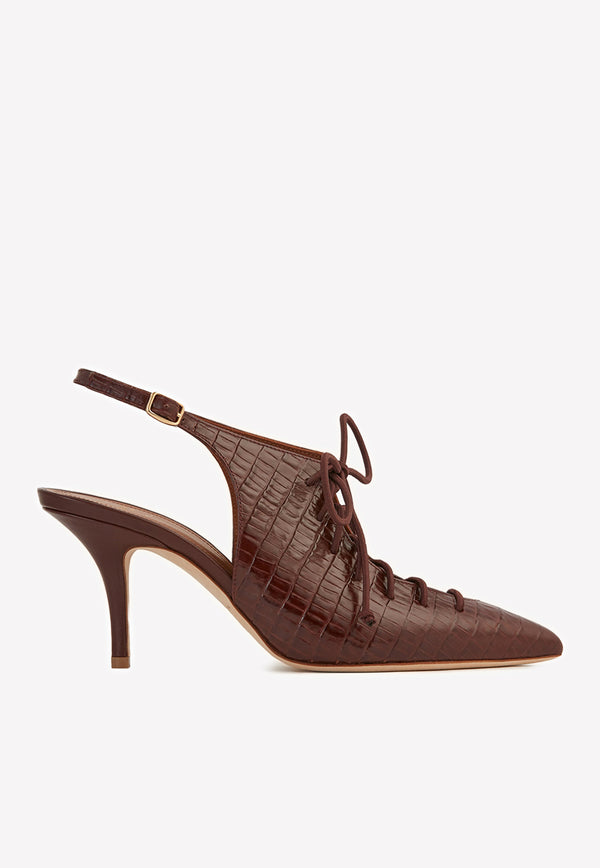Alessandra 70 Croc-Embossed Slingback Pumps in Nappa Leather Malone Souliers Brown ALESSANDRA 70-10 MAHOGANY/MAHOGANY