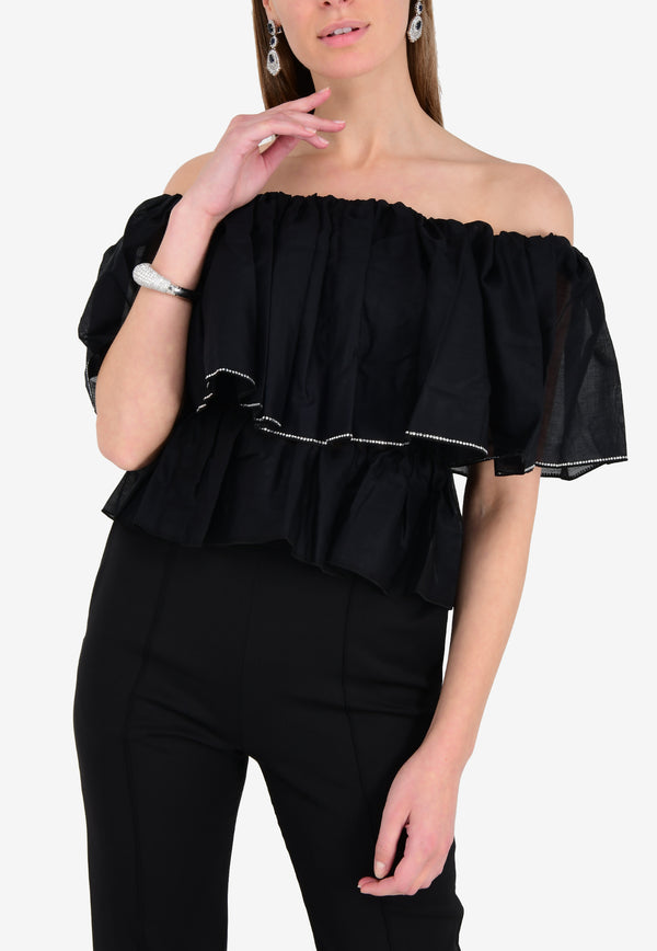 Off-Shoulder Ruffled Top with Crystal Embellishments
