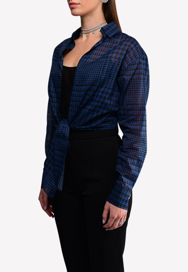 Houndstooth Print Cotton Front Tie-Up Cropped Shirt