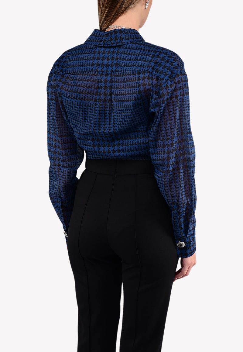 Houndstooth Print Cotton Front Tie-Up Cropped Shirt