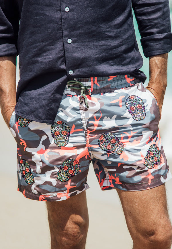 Les Canebiers All-Over Mexican Heads Camo Swim Shorts in Navy Orange All Over Mex-Camou/Orange