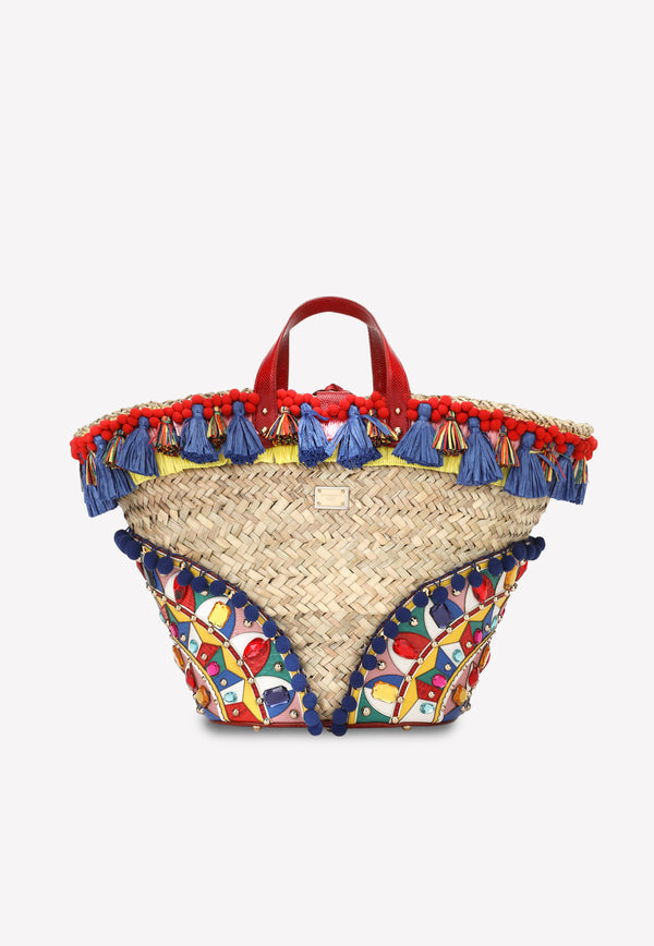 Dolce & Gabbana Kendra Tassel Embellished Straw Tote Bag Multicolor BB5888 AJ735 8I328