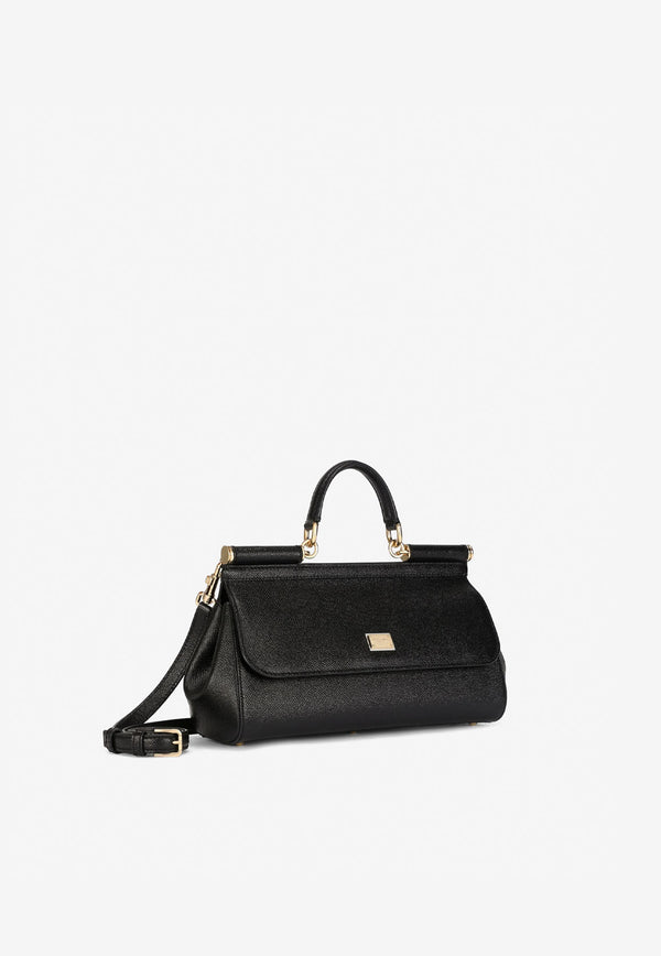Dolce & Gabbana Medium Sicily Top Handle Bag in Dauphine Leather BB7117 A1001 80999  Black