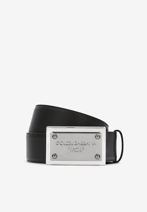 Dolce & Gabbana Logo Plate Calfskin Belt Black 