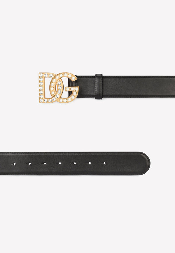 Dolce & Gabbana Rhinestones and Pearls Embellished DG Logo Belt Black BE1446 AQ339 8S574
