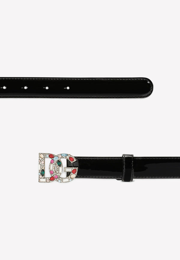Dolce & Gabbana Crystal Embellished DG Logo Belt in Patent Leather Black BE1498 A1471 80999