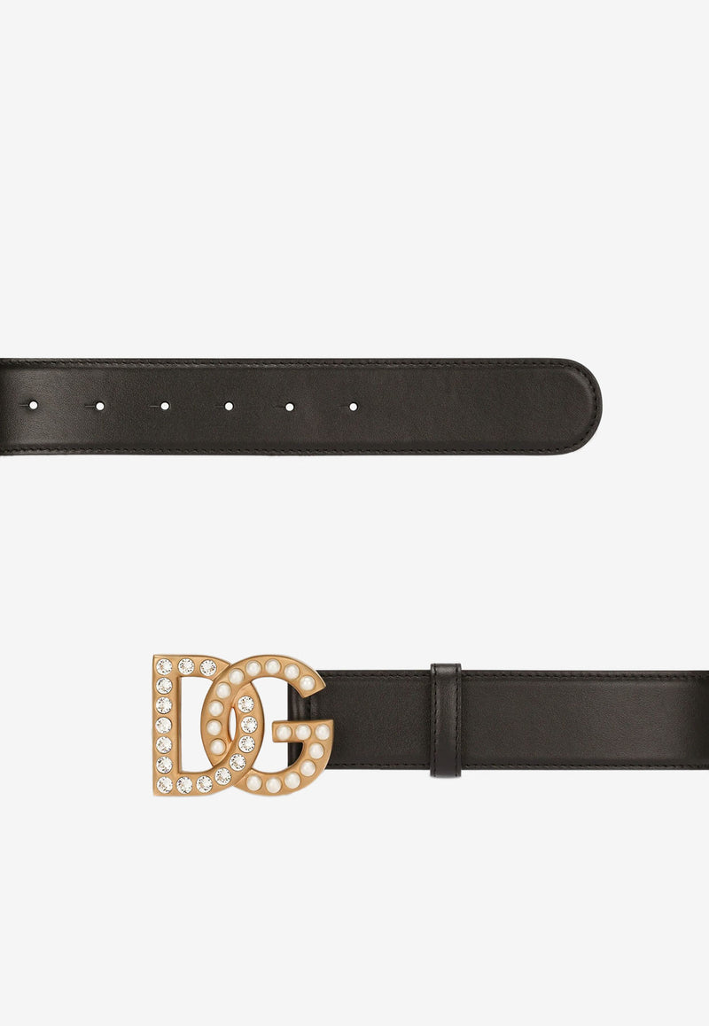 Dolce & Gabbana Embellished DG Logo Buckle Belt in Calf Leather BE1576 AQ339 8S574 Black