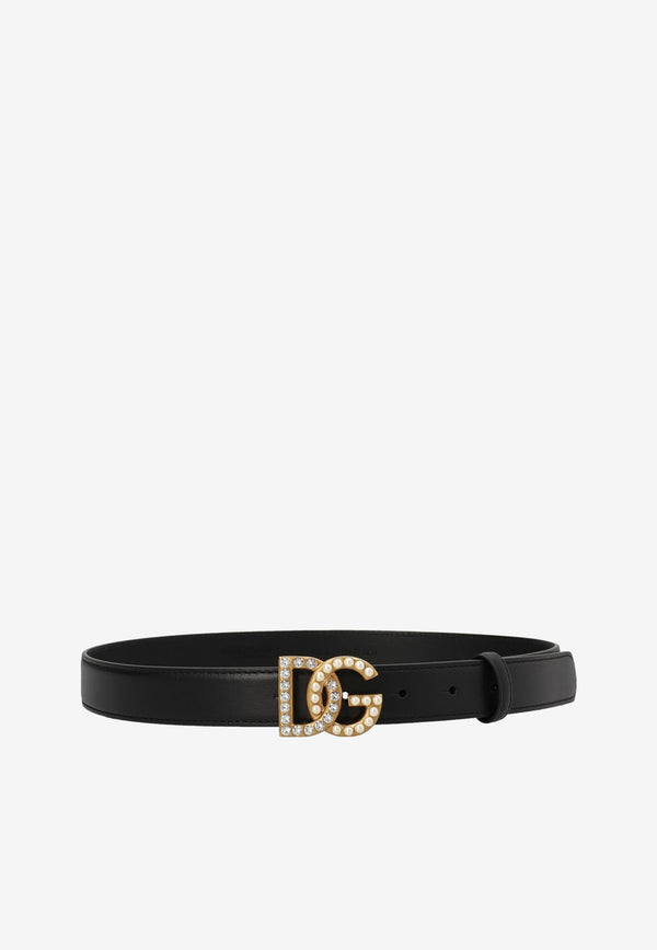 Dolce & Gabbana Embellished DG Logo Buckle Belt in Calf Leather BE1577 AQ339 8S574 Black