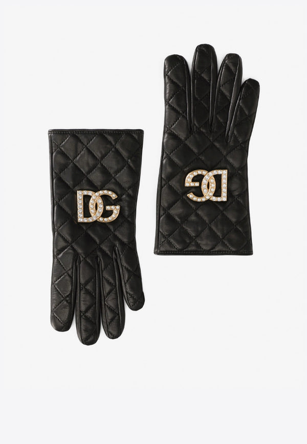Dolce & Gabbana DG Logo Quilted Nappa Leather Gloves Black BF0170 AQ220 8S070