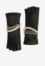 Dolce & Gabbana Leather Gloves with Bejeweled Bracelet Embellishment BF0182 AQ215 8S070 Black