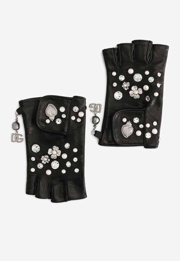 Dolce & Gabbana Embellished Nappa Leather Gloves Black BF0183 AQ213 8S488