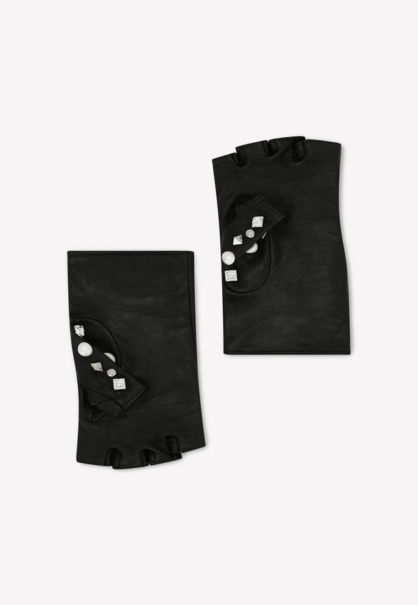Dolce & Gabbana DG Logo Embellished Leather Gloves Black BF0212 AD460 8S574