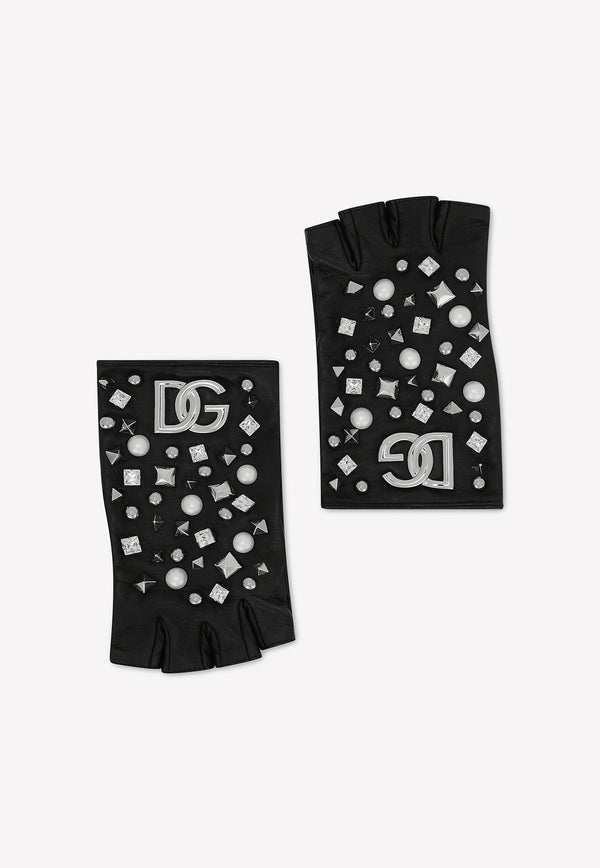 Dolce & Gabbana DG Logo Embellished Leather Gloves Black BF0212 AD460 8S574