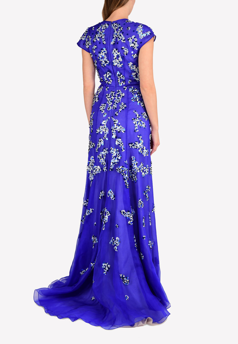 Bibhu Mohapatra Blue Sequined Silk Gown with Asymmetrical Neckline BM22-01-1769