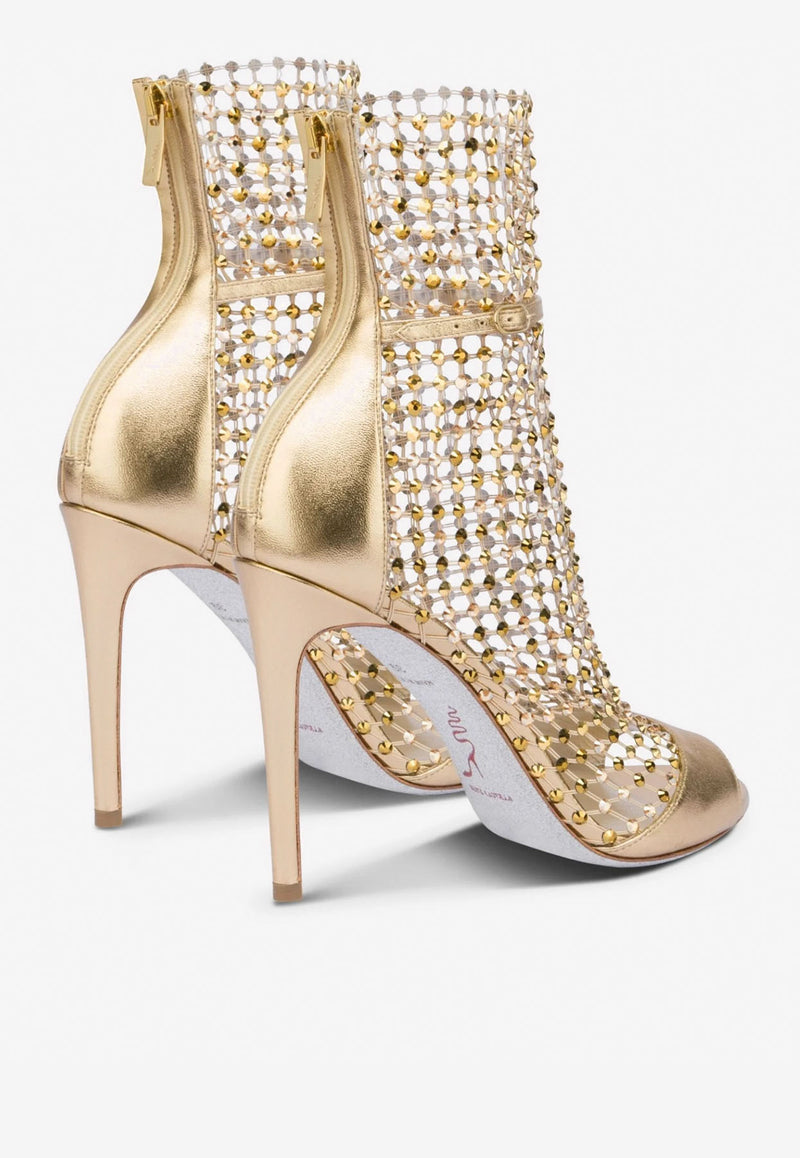 Rene Caovilla Galaxia 105 Crystal Embellished Ankle Mesh Sandals Gold C10220-105-NA01X436 MEKONG LAMB/GOLD MIX VERSION