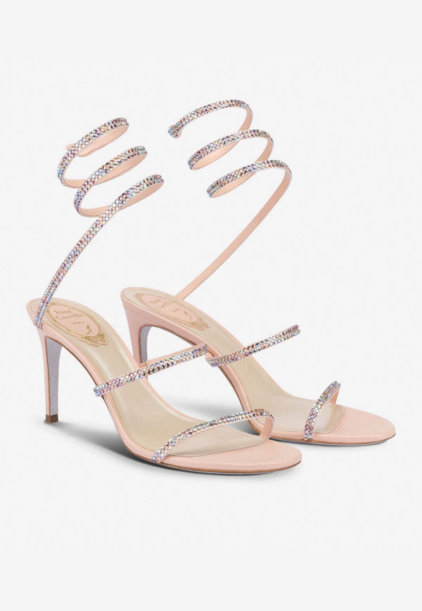 Rene Caovilla Cleo 80 Crystal Embellished Wraparound Sandals Pink C10311-080-R001V835 PINK SATIN/ROMANCE MIX STRASS