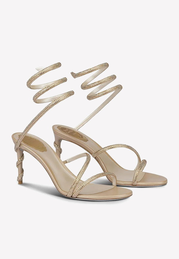 Rene Caovilla Margot 80 Crystal Embellished Sandals Gold C11339-080-R001X791 BEIGE SATIN/HONEY STRASS