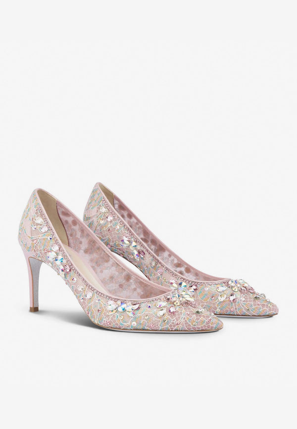 Rene Caovilla Hina 75 Embellished French Lace Pumps Lilac C11376-075-PI01V975 LILAC LACE/CRYST AB-L ROSE