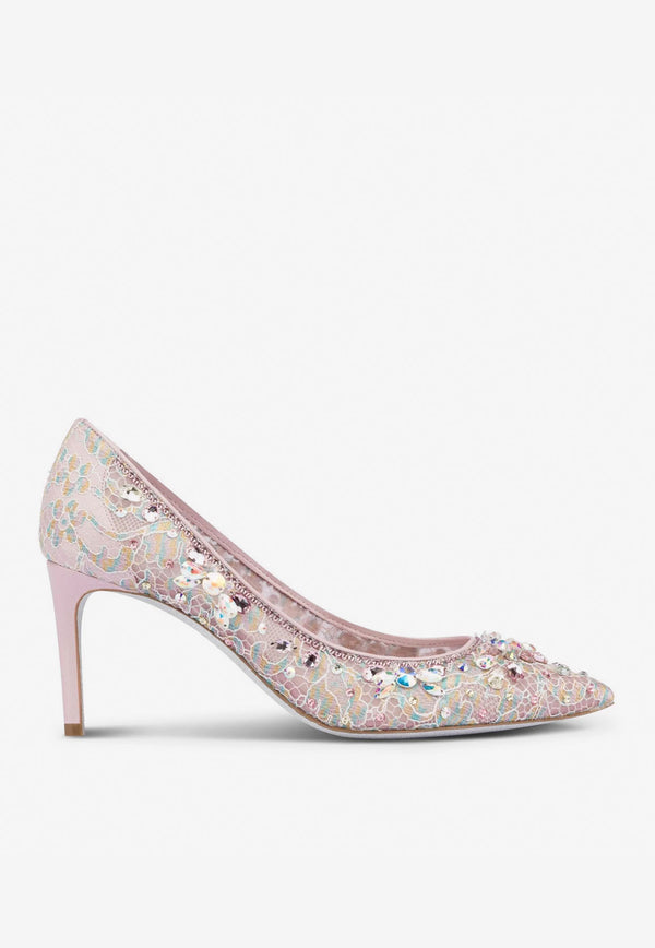 Rene Caovilla Hina 75 Embellished French Lace Pumps Lilac C11376-075-PI01V975 LILAC LACE/CRYST AB-L ROSE