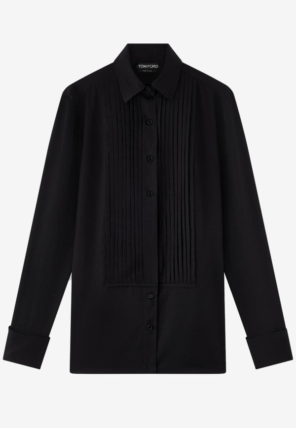 Tom Ford Plastron Pleated Shirt in Lyocell and Silk CA3235-FAX1019 LB999 Black