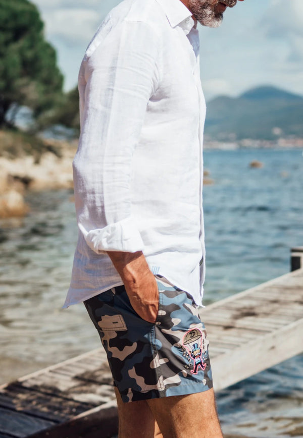 Les Canebiers Blue Ermitage Court Camo Swim Shorts with Mono Embroidery Ermitage Court Mono Golden-Camouflage Blue