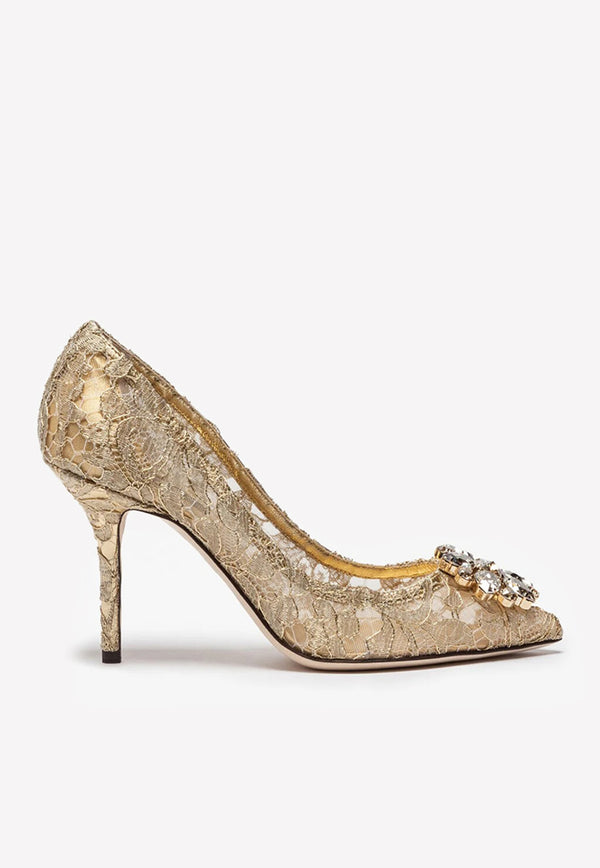 Dolce & Gabbana Bellucci 90 Crystal Embellished Pumps in Lurex Lace Gold CD0101 AE637 80997