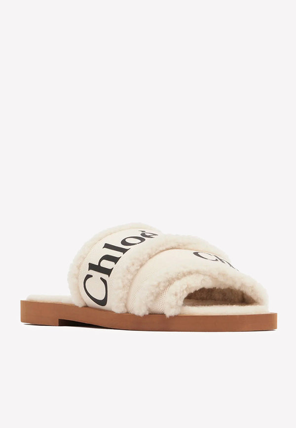Chloé Woody Shearling Flat Sandals White CHC21W543U5101 White    